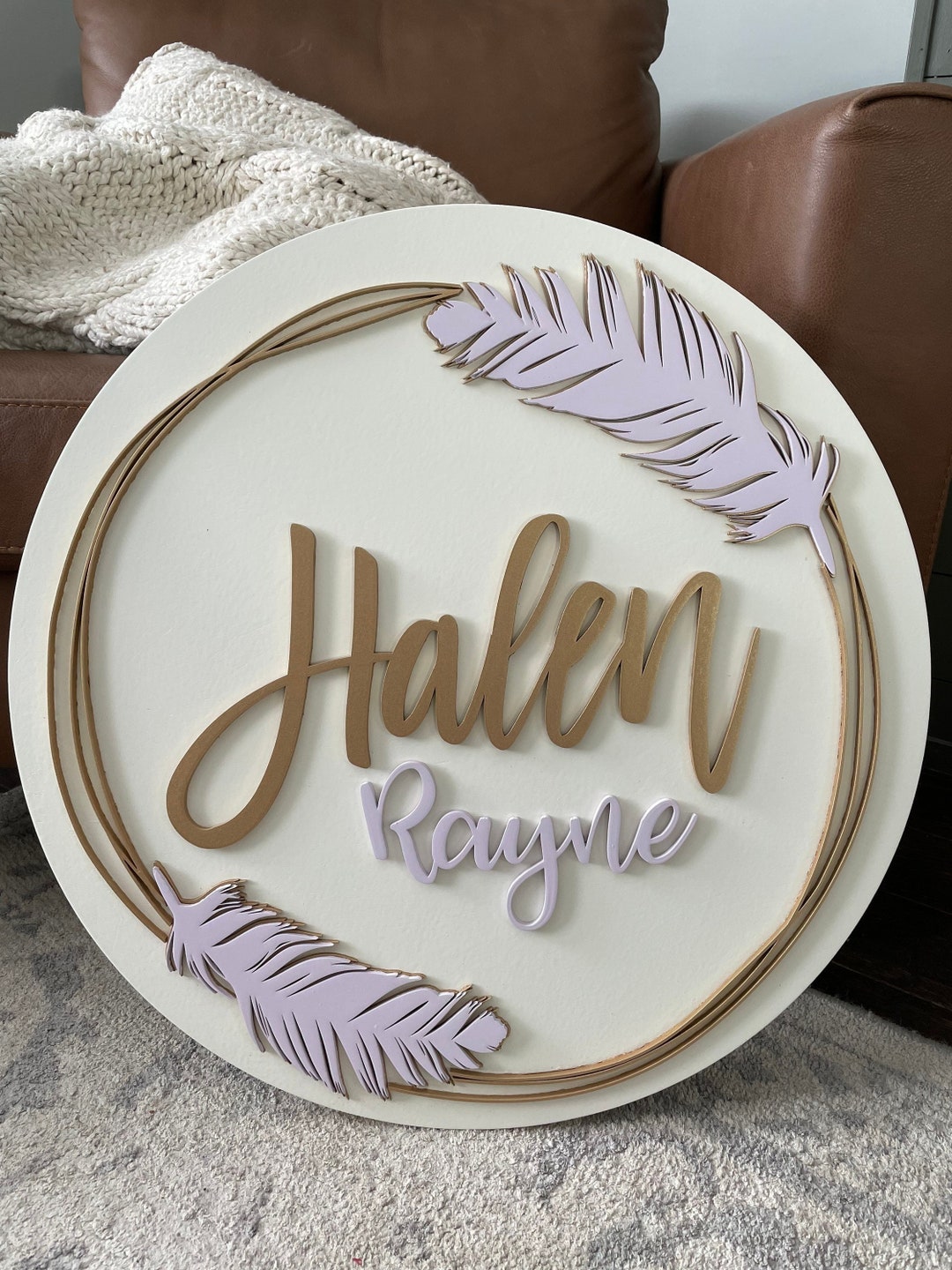 Custom Wood Baby Name Sign Round Sign Feathers Boho Feather Gold