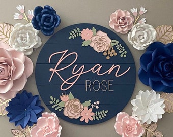 Custom Wood baby Name Sign | Round Sign | Floral | shiplap | rose | Nursery Wall Art | Baby Shower Gift  | Girls room decor