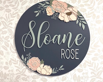 Custom Wood Baby Name Sign: Floral Peony Nursery Decor