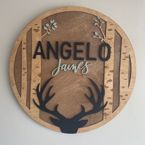 Letrero con nombre personalizado con forma de asta de ciervo del bosque, letrero redondo, decoración para habitación de bebé, guardería, regalo para baby shower, habitación de niño y niños, personalizado