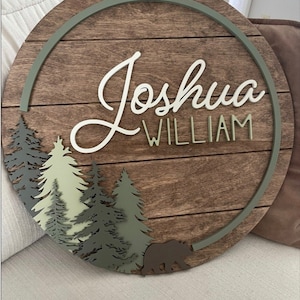 Letrero de madera con nombre de bosque, redondo, para guardería, oso, bosque, regalo para baby shower, decoración para habitación de bebé, niño y niños, personalizado.