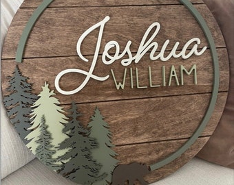 Forest Wood Name Sign | Round Sign | Nursery | Bear | Woodland | Baby Shower Gift | Baby | Boy | Kids room Decor | Personalized