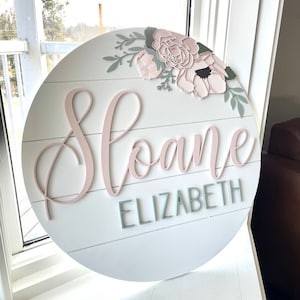 Custom Wood baby Name Sign | Round Sign | Floral | shiplap | peony | Nursery Wall Art | Baby Shower Gift  | Girls room decor