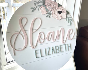 Custom Wood baby Name Sign | Round Sign | Floral | shiplap | peony | Nursery Wall Art | Baby Shower Gift  | Girls room decor