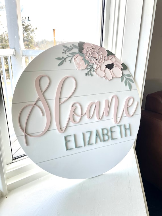 Custom Floral Baby Girl Name Sign: Peony and rose flowers in Blush Pink and Sage green for Nursery Decor
