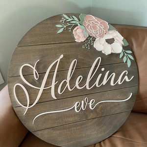 Custom Wood baby Name Sign | Round Sign | Floral | shiplap | peony | Nursery Wall Art | Baby Shower Gift  | Girls room decor