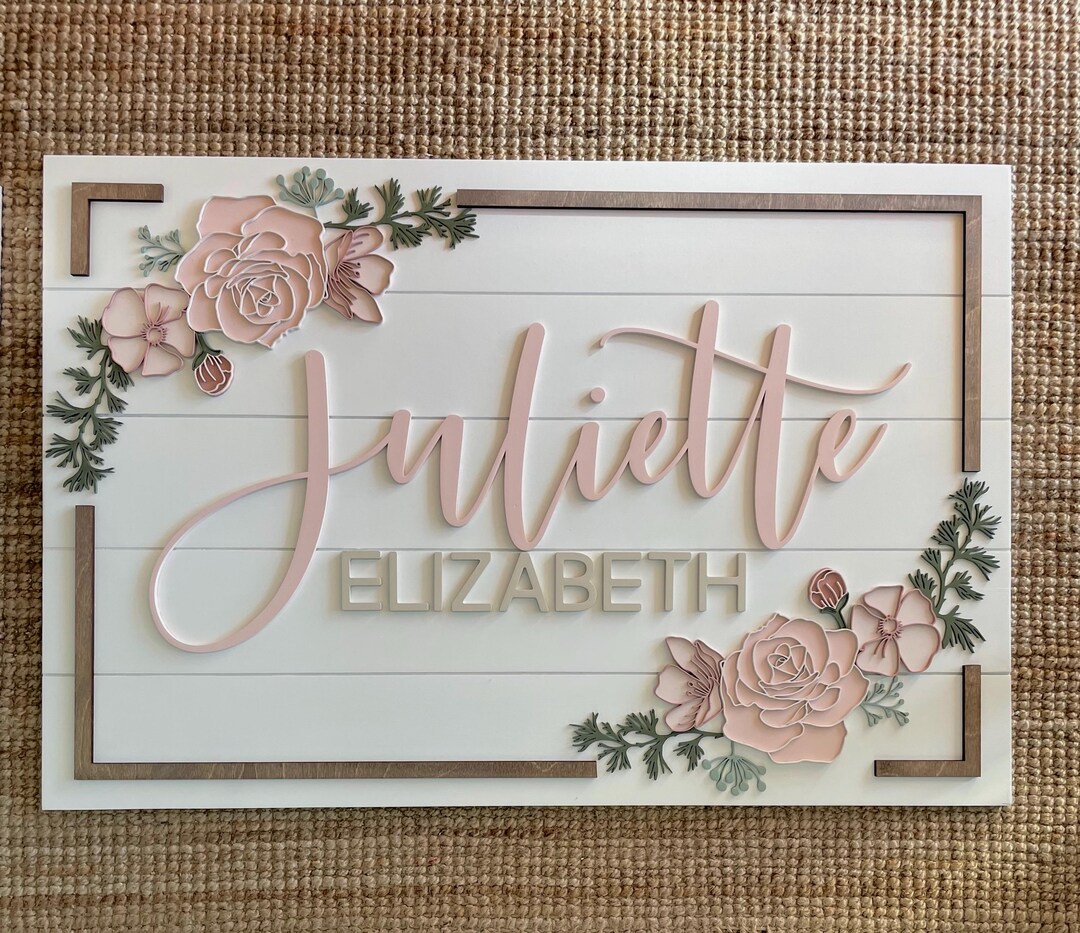 Name Sign Girl Rustic Rectangular Custom Floral Rectangle Wood Girls Nursery Name Sign: Layered Roses ...