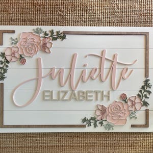 Custom Floral Rectangle Wood Girls Nursery Name Sign: Layered Roses Nursery Decor