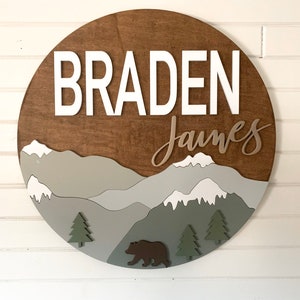 Mountain Nursery Name Sign: 24&quot; Woodland Bear Decor