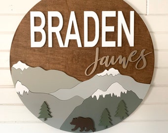24"Mountain Wooden Name Sign | 24" Round Sign | Nursery | Bear | Woodland | Baby Shower Gift | Baby | Boy | Kids room Decor | wood sign
