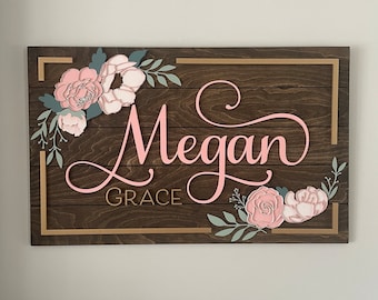 Rectangle Floral Baby Name Sign: Peony and Rose Flowers 3D Nursery Wall Art pink and gold for Girls Room Decor