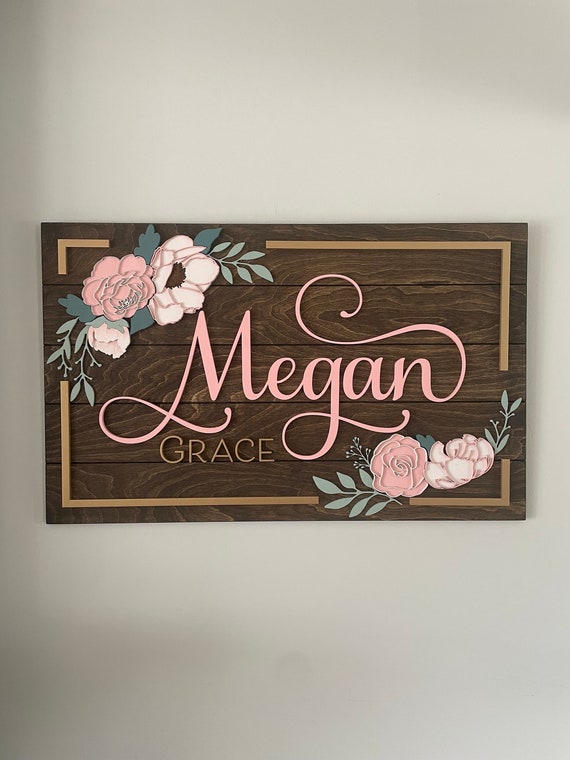 Custom Wood baby Name Sign rectangle Sign Floral shiplap peony  Nursery Wall Art Baby Shower Gift Girls room decor 32x20