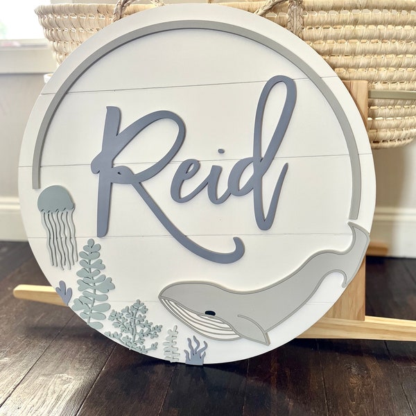 Ocean theme Wood Name Sign | 24" Round Sign | Nursery | whale | Baby Shower Gift | Baby | Boy | Kids room Decor | under the sea | beach