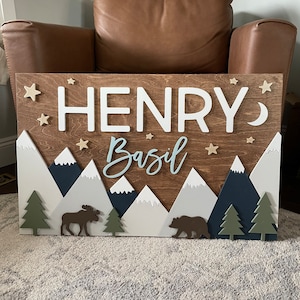 Letrero de madera con nombre de montaña / Letrero rectangular / Guardería / Oso / Estrellas / Bosque / Regalo de baby shower / Bebé / Niño / Decoración de habitación de niños / Personalizado