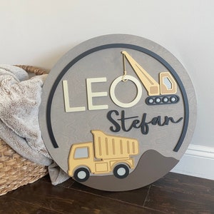 kids room Construction theme Wood Name Sign | 24&quot; Round Sign | Nursery | dump truck | Baby Shower Gift | Baby | Boy | Kids room Decor