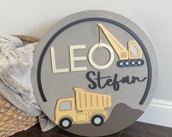 Construction Nursery Name Sign: 3D Truck Decor, dump truck, crane, digger boys room wall declr in Custom Colors