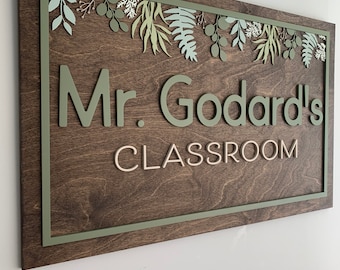 Custom Wood Teacher Sign: Botanical Greenery Classroom Decor