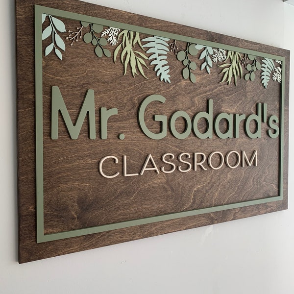 Botanical Custom Wood classroom  Sign with greenery| teacher Rectangle Sign  | Hanging Branches | foliage | eucalyptus | school