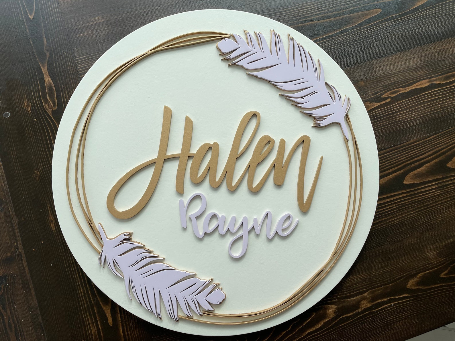 Custom Wood Baby Name Sign Round Sign Feathers Boho Feather Gold