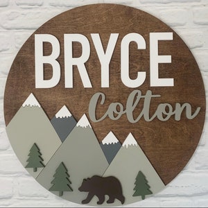 Personalized Mountain Nursery Name Sign: Woodland Bear Decor