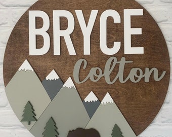 24" MOuntain Wood Name Sign | 24" Round Sign | Nursery | Bear | Woodland | Baby Shower Gift | Baby | Boy | Kids room Decor | Personalized
