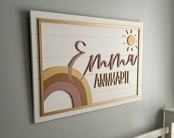 Rainbow Sun rectangle Wood Name Sign: 3D Nursery Decor