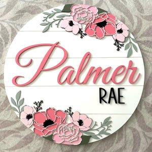 Flowery Wood Baby Name Sign: Pink Poppy Nursery Decor