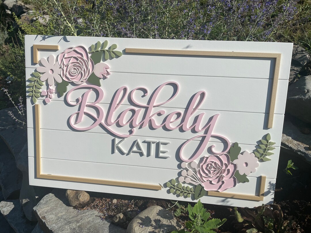 Name Sign Girl Rustic Rectangular Custom Floral Rectangle Wood Name Sign: Layered Roses and Daisy Baby ...