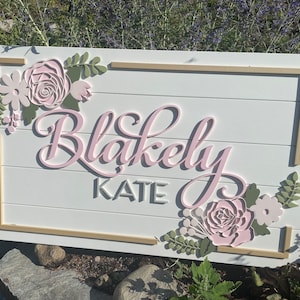 Custom Floral Rectangle Wood Name Sign: Layered Roses and Daisy baby Nursery wall Decor pink sage green and white