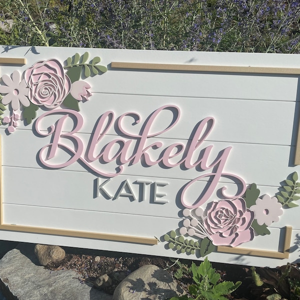 32x20" Floral Roses Custom Wood Name Sign | Rectangle Sign | Nursery | layered floral | flower sign | nursery | Baby | name board