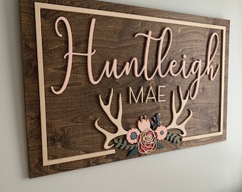 Floral Antler Wood Name Sign: Custom Nursery Decor
