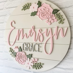 Custom Wood baby Name Sign | Round Sign | Floral | shiplap | rose | Nursery Wall Art | Baby Shower Gift  | Girls room decor