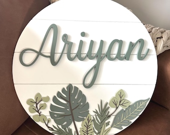 Botanical Safari Leaf Nursery Name Sign Personalized 3D Round Wood foliage Baby : Greenery Nursery Decor