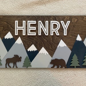 Mountain Wood Name Sign | Rectangle Sign | Nursery | Bear | Woodland | Baby Shower Gift | Baby | Boy | Kids room Decor | Personalized
