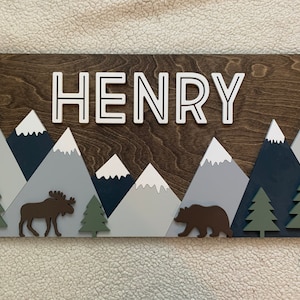 Personalized Mountain Wood Name Sign: Woodland Nursery Decor