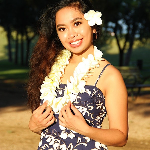 Silk Fresh Tropical White Plumeria Haku Lei Po'o Set for Tahitian, Hula, and Luaus