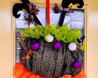 Witches Caldron, Halloween Wreath, Halloween Door Decor, witch wreath, Fun October Wreath, Witch door decor, Witches legs, Witch fun.