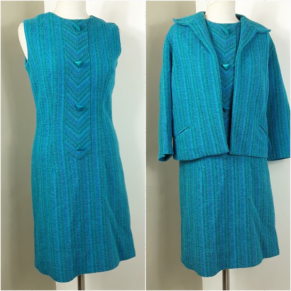 1960s Lombardi Wolsey knit Dress and Jacket Suit. Turquoise. Bouclé Type. Very Mod. M