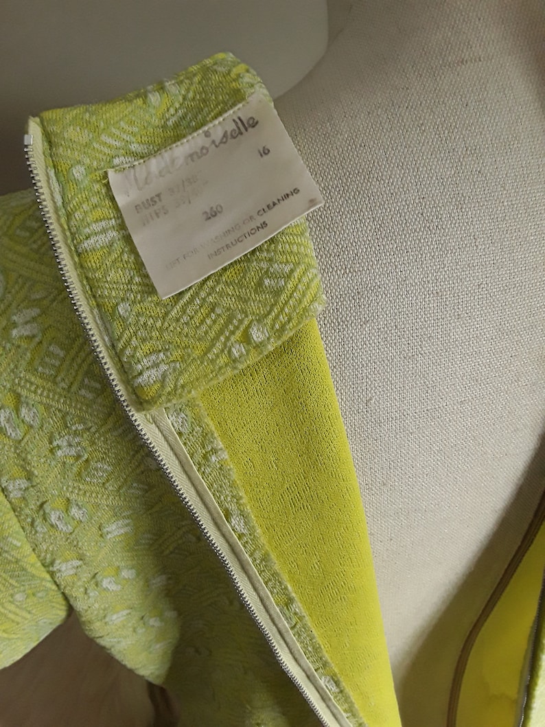 Fresh 1960s Crimplene Mod Dress By /'Mademoiselle/' A-Line in mouth watering Lemon and Lime uk M