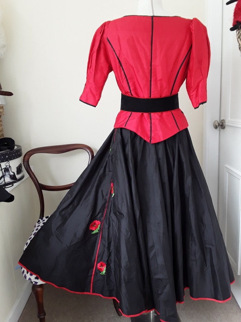 US10 Superb Caroline Charles 1980s Vintage PURE SILK Rockabilly Skirt and Jacket with Suede Belt UK14