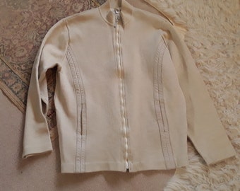1960s Cream Beige Zip Up. Fine Knit Jacket. Leather Trim. Pierre Sangan. M