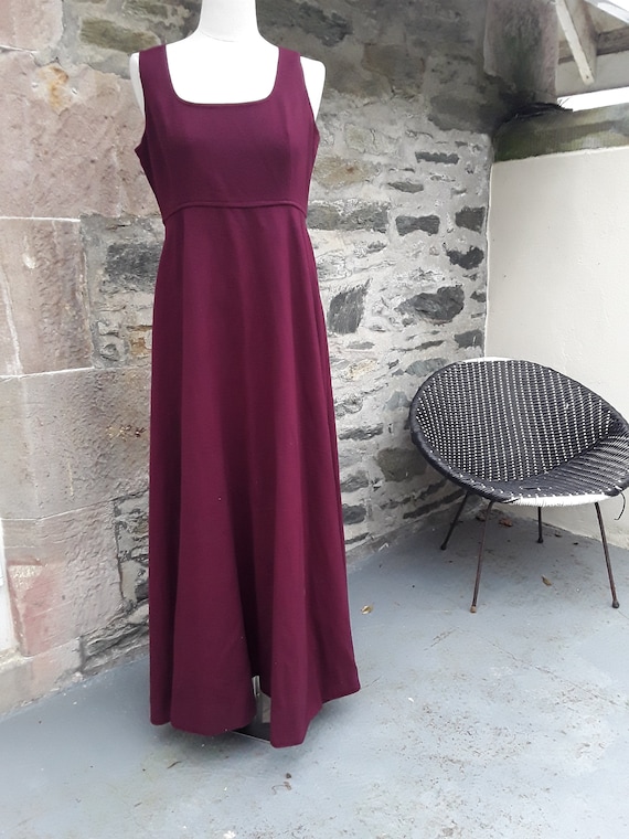 True 1960s "QUAD" Wool Maxi Pinafore Dress in Burg