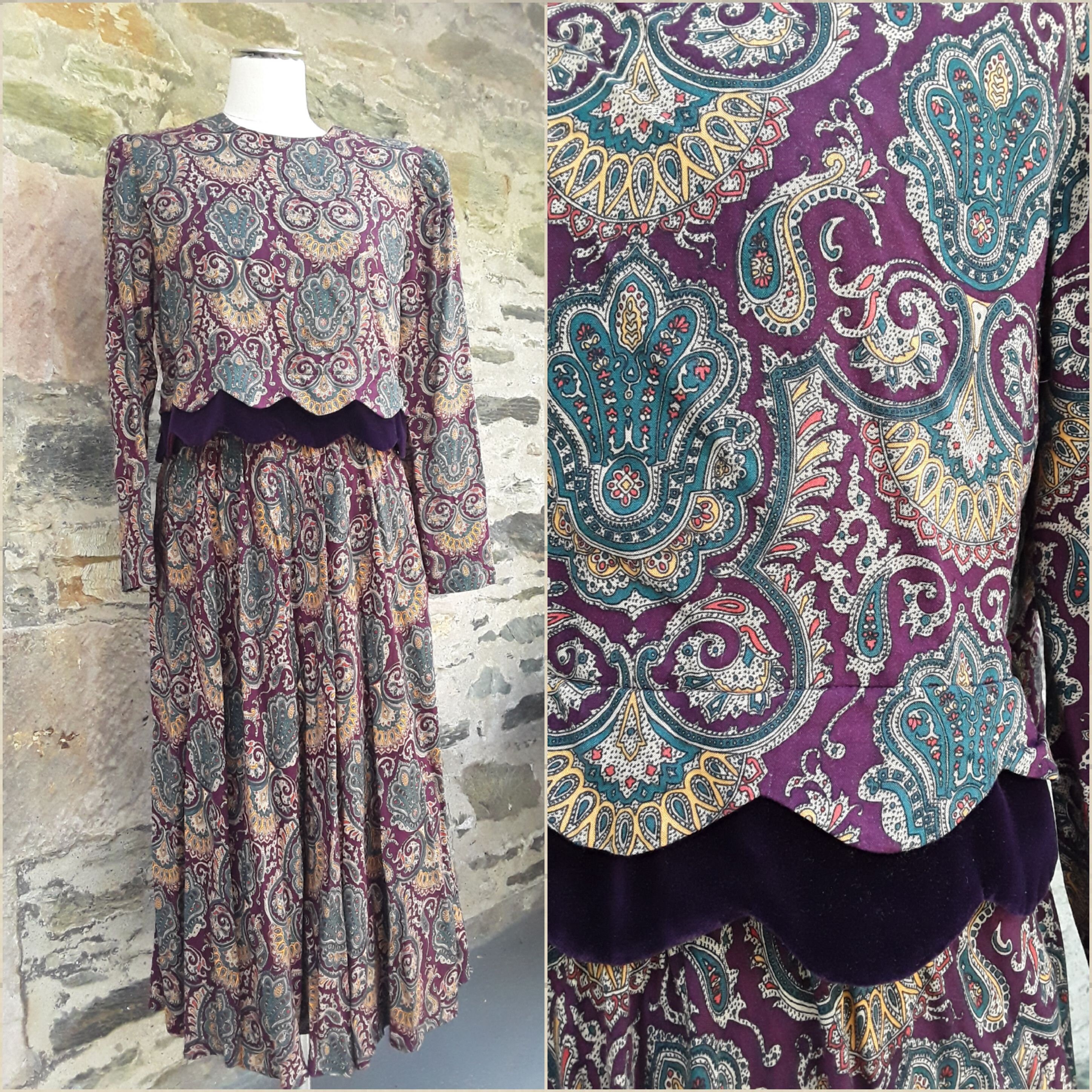 Image of S Karin Stevens Paisley Pattern Skirt Suit.long With Camisole & Jacket. Preppy, Velvet Trim. Uk