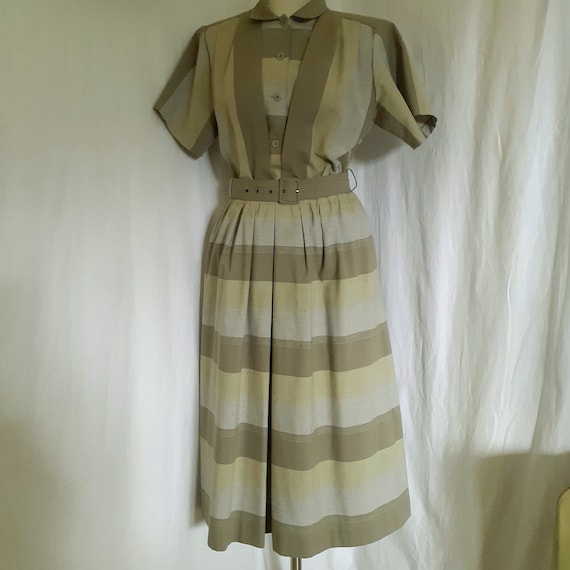 1970s/80s Greens and Grey Striped Dress, Lerose. … - image 2