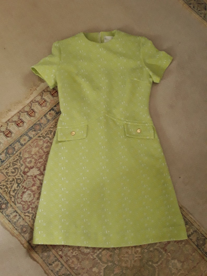 Fresh 1960s Crimplene Mod Dress By /'Mademoiselle/' A-Line in mouth watering Lemon and Lime uk M