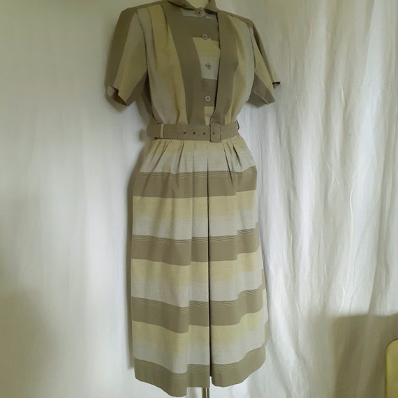 1970s/80s Greens and Grey Striped Dress, Lerose. … - image 1