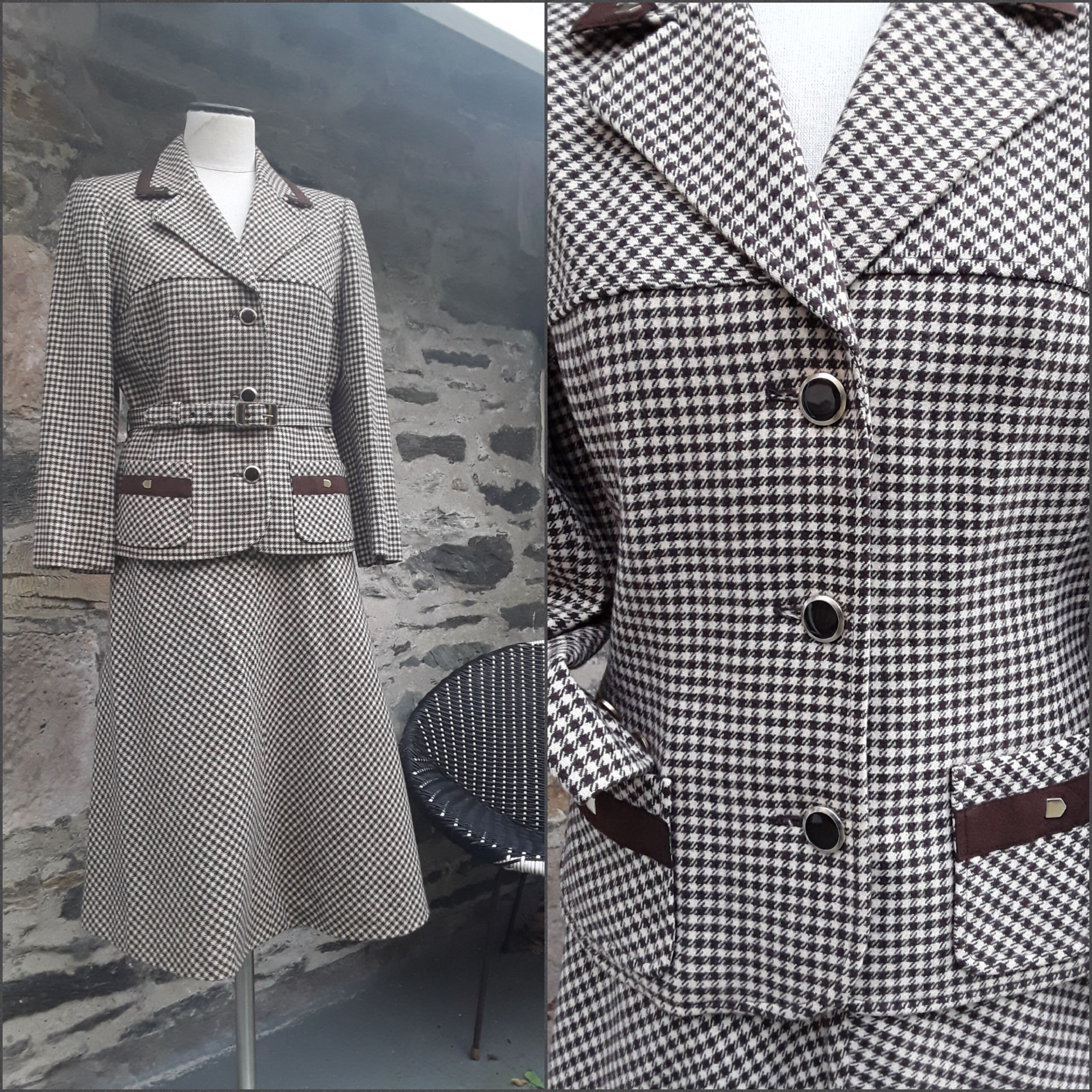 Image of S Mansfield Wool Suit in Houndstooth. Brown & Cream. Belted. Flared Skirt. Uk M