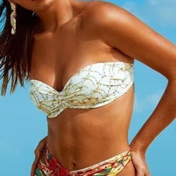 Top bikini a fascia senza spalline Silvia con spalline staccabili - Bianco sporco e stampa dorata