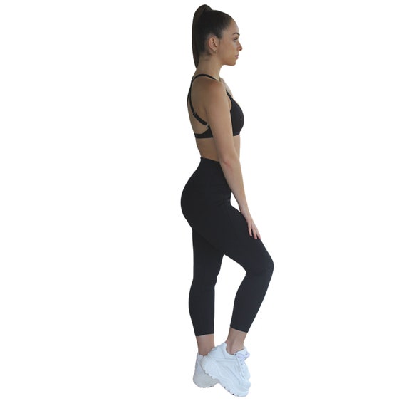 Om 7/8 High Waisted Yoga Leggings With Side Pockets Black 