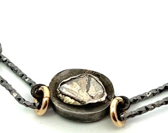 Bezeled Diamond on Oxidized Silver Paperclip Chain Bracelet